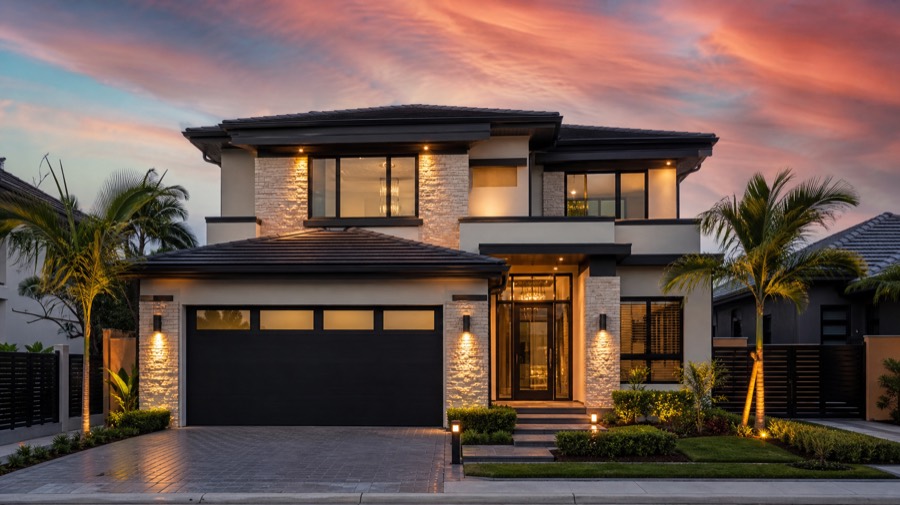 Lit entry and glazed doors on a modern home at dusk