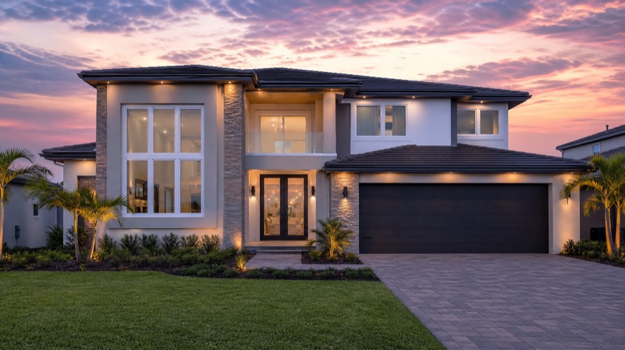Two-storey home with tall white-framed windows at dusk