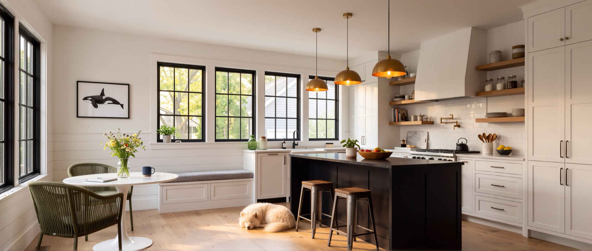A bright kitchen and dining room with black-framed grid windows looking out to trees