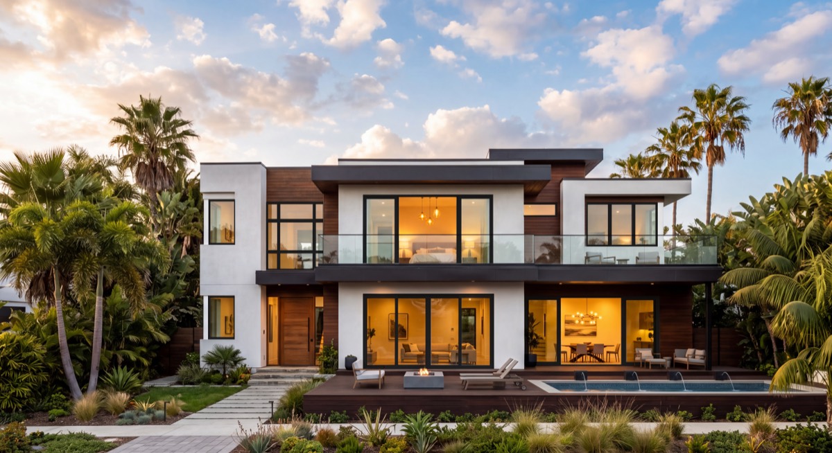 The same home with black vinyl windows and doors